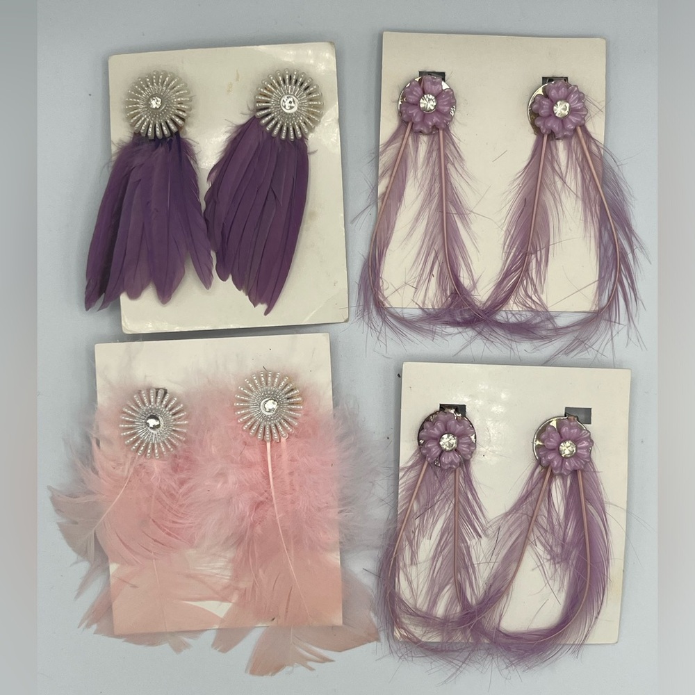 VINTAGE 4 Pairs Of Clip On Earrings Purple Pink Feathers Rhinestone Jewelry Lot